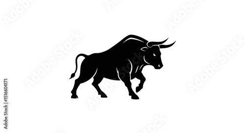 Black bull silhouette with curved horns muscular build and a short tail walking against a white backdrop