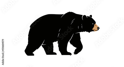 Black bear silhouette with a tan snout walks right on a white background