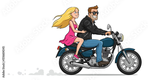 Cartoon image of a man  woman riding a blue motorcycle