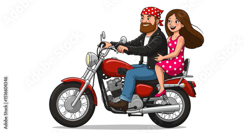 Cartoon man woman red motorcycle Biker has bandanna Woman wears pink dress