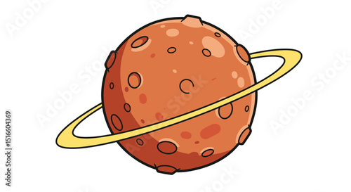 Cartoon planet with ring orangered surface craters and black outline