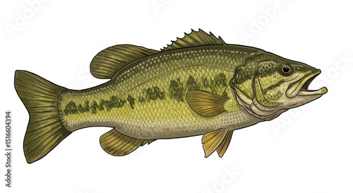 Detailed illustration of a large mouth bass featuring intricate scale and fin details