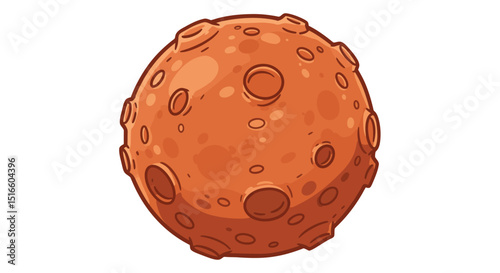 Cartoonstyle round orange planet with craters and bumps against a white background