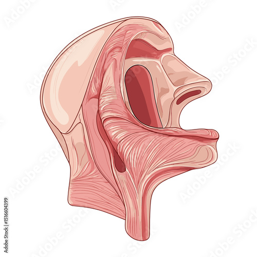 Detailed Nasal Cavity Anatomy Illustration Featuring Sinuses and Respiratory System Cross Section in a Medical Diagram with Pink and White Color Scheme