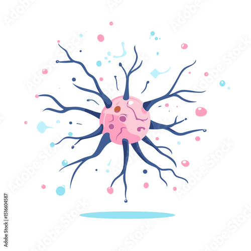 Detailed Pink and Blue Cell Illustration with Branching Structures and Bubbles Against a White Background