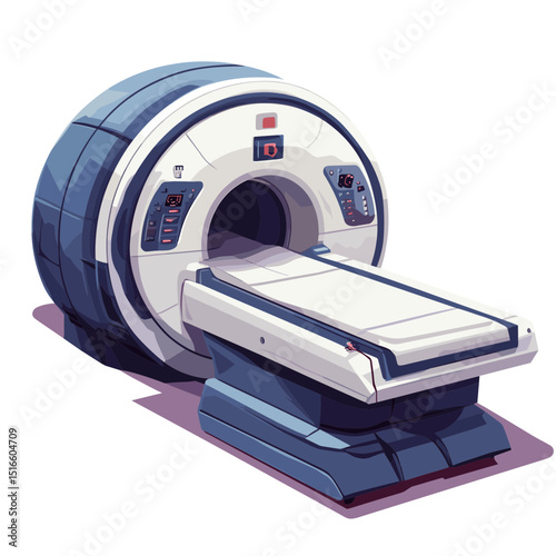 Detailed Pixel Art Illustration of an MRI Machine with Blue and White Color Palette Medical Imaging Equipment for Healthcare Diagnostics