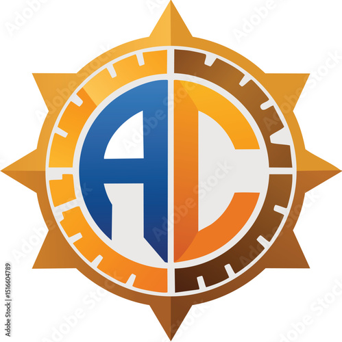 Vector AC Monogram Emblem with Symmetrical Design, Balanced Color Palette of Deep Blue and Warm Orange, Floating on White Background with a Modern Aesthetic
