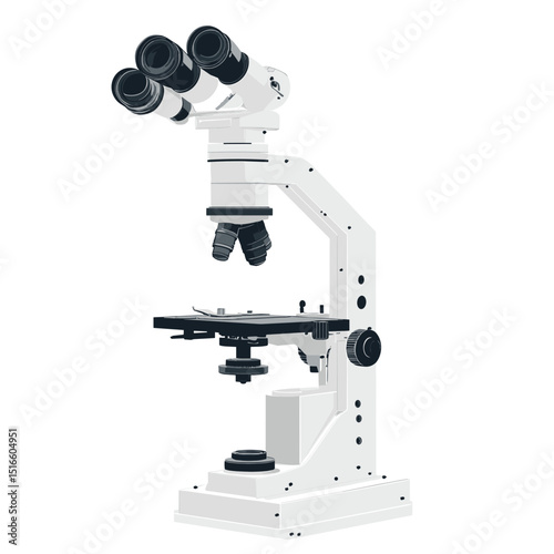 Detailed White Trinocular Microscope with Objective Lenses and Adjustable Stage for Scientific Research on Isolated White Background