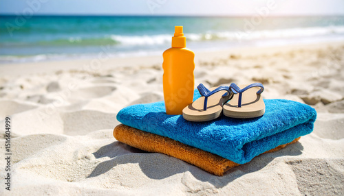 Flip Flops, Sunscreen and Towels on Sandy Beach with Ocean View – Summer Vacation Essentials Flat Lay

