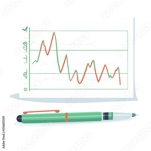 Financial Chart with Rising and Falling Lines on White Paper Accompanied by a Green Pen with Red Accent in White Background