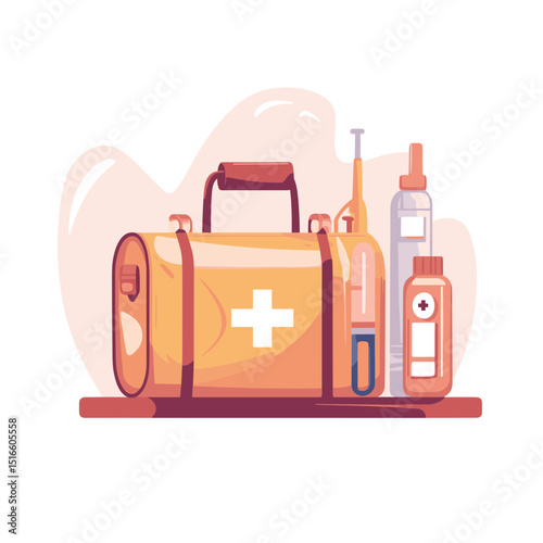 First Aid Kit with Medicines in Orange and White Illustration