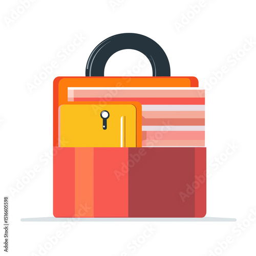 Flat Graphic Illustration of a Red Briefcase with Yellow Folder and Stacked Documents on White Background