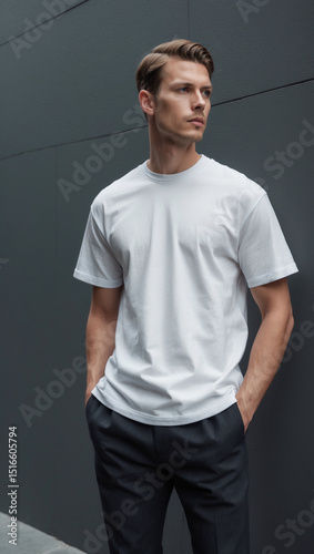 Man in White T-Shirt Against Dark Gray Wall