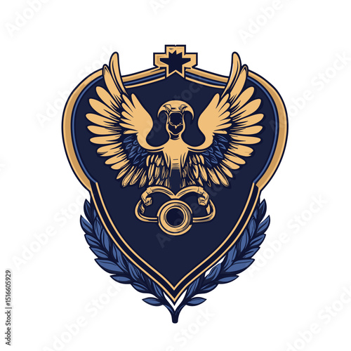 Golden Eagle Heraldic Crest with Spread Wings Shield and Laurel Wreath Ornamental Vector Emblem Insignia Design Isolated on White Background