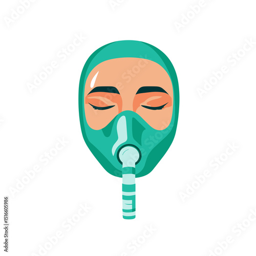 Graphic Illustration of Human Face Wearing Turquoise Oxygen Mask for Medical Treatment in White Background