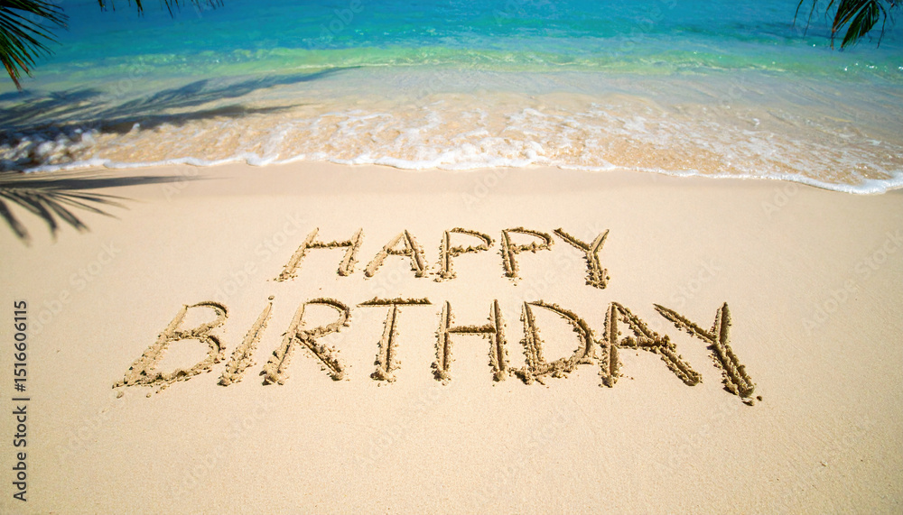 Fototapeta premium A cheerful birthday message is written in the smooth golden sand of a tropical beach, with turquoise waves gently rolling in under a clear blue sky