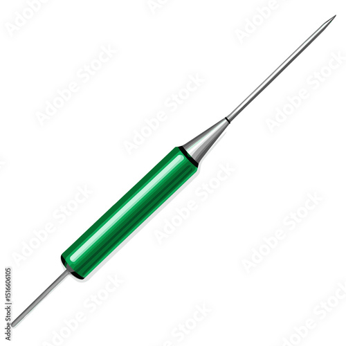 Green Medical Syringe with Silver Needle for Injections Isolated on White Background