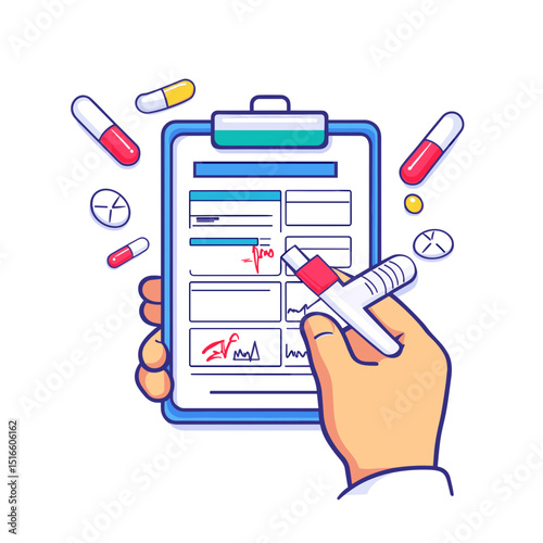 Hand Holding Medical Clipboard with Pen and Medication Capsules on White Background