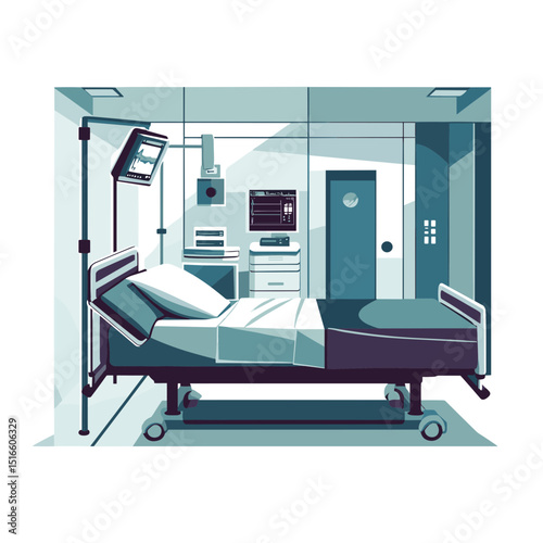 Hospital Room with Medical Bed and Monitoring Equipment in Light Blue Minimalist Clean Interior