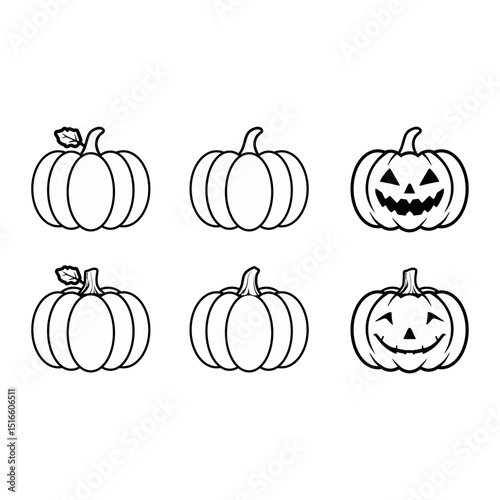 Black and white pumpkin and jack-o'-lantern icon set for Halloween decorations
