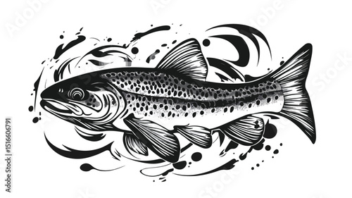 Brook Trout Fish Black and White Vector Illustration for Design Projects