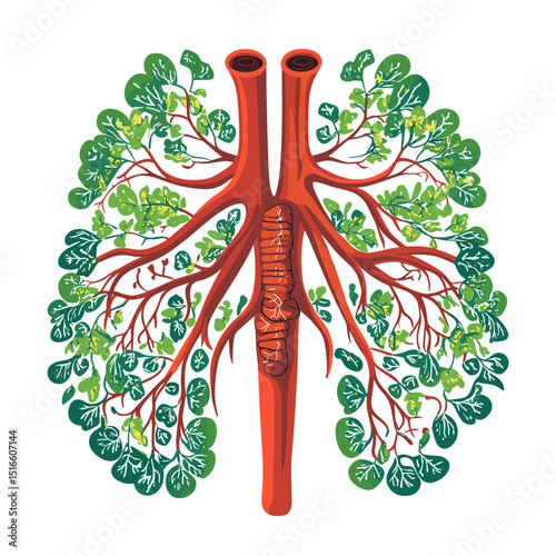Illustration of Red Anatomical Lungs Resembling a Tree with Green Leaves Against White Background Depicting Respiratory Health