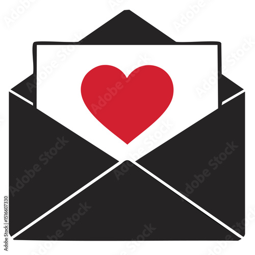 Graphic Vector Art of a Matte Black Envelope with a Centered Red Heart on a White Card Inside – Simple, Modern Icon for Valentine’s Day, Romance, and Greeting Cards

