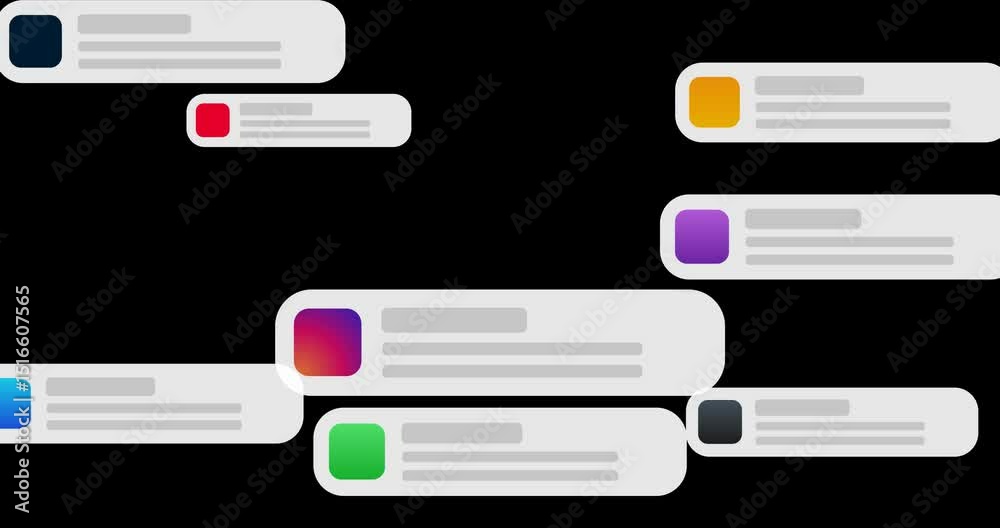 App notification banner pop up one by one, Messages filling the entire screen. Social media alert UI motion graphic. Mobile text bubble animation. Transparent alpha matte MOV background, 4K