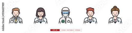 Doctors character icon set includes doctor in various uniform. Modern cartoon style. Editable stroke and flat vector illustration isolated on white background.