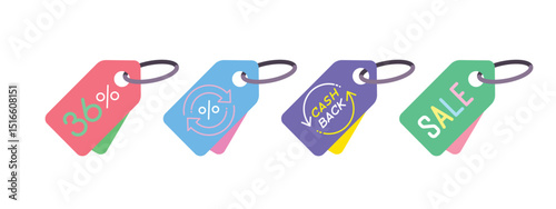 Promotion tags vector set includes percent discount, return, cashback and sale label. Bright Color for e-commerce, marketing and seasonal campaigns. Editable stroke and flat vector illustration.