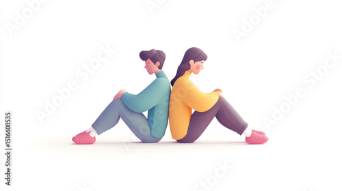 Isometric 3D flat illustration of a couple sitting back-to-back with crossed arms