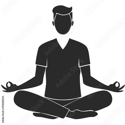 Vector silhouette of a meditative male figure sitting in classic lotus position with Gyan Mudra hand gesture on knees, minimalist dark gray design on white background, peaceful mindfulness illustratio