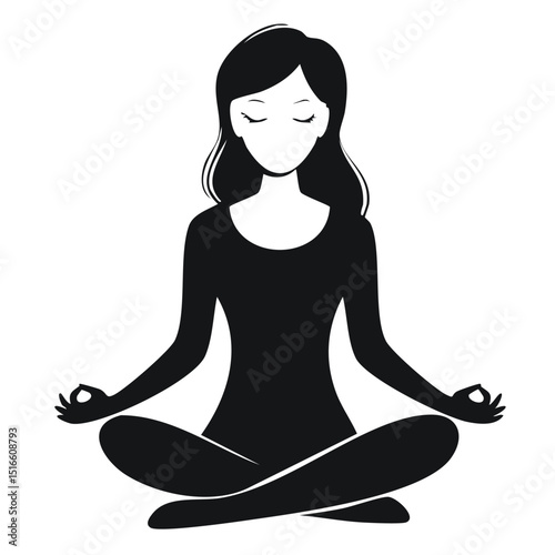 Minimalist vector illustration figure cross,legged in lotus pose with hands in Gyan Mudra, monochrome solid shape on white background, ideal for meditation, mindfulness, and spiritual themes
