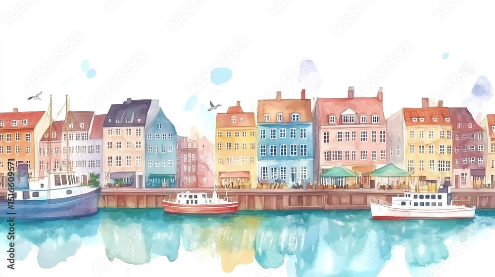 Fototapeta premium Scenic view of Nyhavn, Copenhagen hand-drawn watercolor illustration style, vibrant colors, detailed historic buildings