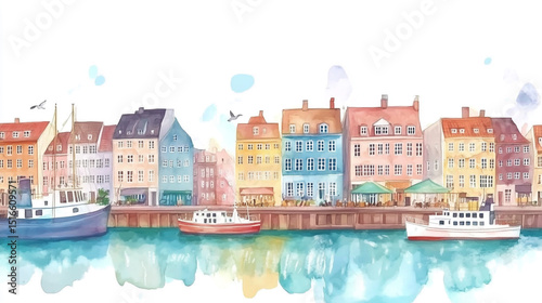 Scenic view of Nyhavn, Copenhagen hand-drawn watercolor illustration style, vibrant colors, detailed historic buildings