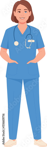 Smiling Female Healthcare Professional in Blue Scrubs with Stethoscope - Medical Worker Illustration for Health, Wellness, and Care Concepts