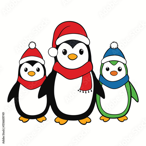 Adorable Christmas penguins in cozy scarves and Santa hats, spreading holiday cheer with snowflakes, candy canes, and festive winter fun!
