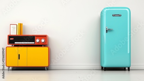 Retro Teal Refrigerator and Orange Cabinet in Minimalist Kitchen Setting