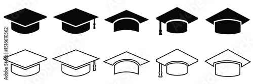 Graduation Cap Icon Set – Academic Hat and Diploma Symbols in Flat, Outline, and Glyph Styles