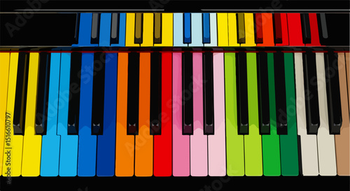 Top-down vector-style image of a piano keyboard with rainbow-colored keys in solid, saturated hues, bordered by a glossy black frame, featuring clean lines and even lighting for a bold, playful effec