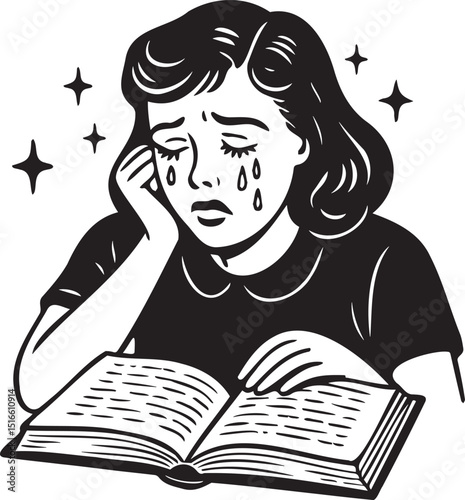 girl reading a book and crying