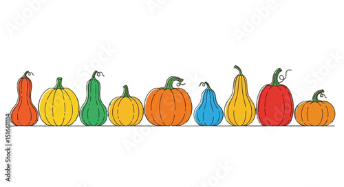 Various colorful pumpkin and squash illustration in a row
