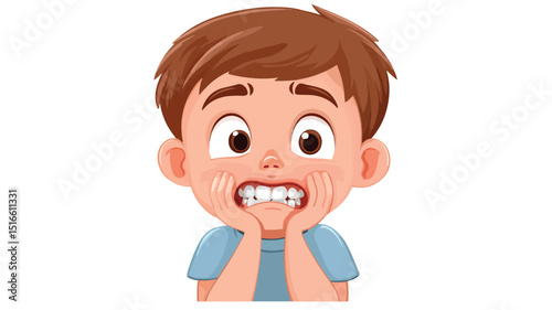 Young Cartoon Boy Suffering from Toothache on White Background