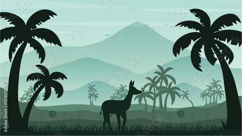 Silhouette of a deer in tropical jungle landscape with palm trees and mountains. Calm nature scene in green tones. Vector illustration for wildlife and outdoor themes.