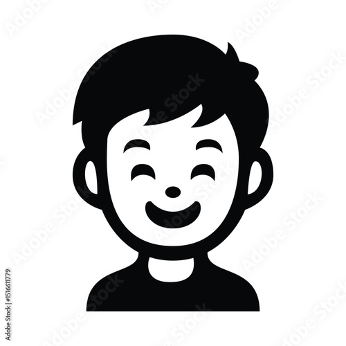 Flat icon of smiling cartoon boy avatar in black and white
