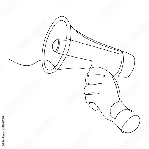Continuous line art drawing of hand people holding megaphone speaker for news caution announcement and promotion single line sketch editable stroke vector illustration