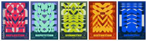 Postmodern symmetry abstract 3d geometric ornament in brutalism aesthetics, Colorful vector trendy modern isometric mosaic pattern, A4 bold minimalistic poster, composition distortion brutal elements