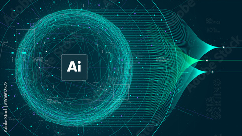 Futuristic technology cluster analysis polygon structure plexus data sorting, sphere consisting of connection networks, neural communication bundle of big data cyber space, AI deep learning machine