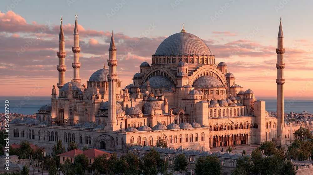 Fototapeta premium Ottoman Majesty Suleymaniye Mosque in Istanbul Islamic Architecture Sunset Light Historical Beauty