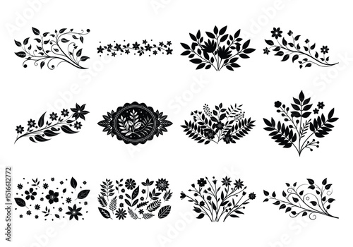 Silhouette ivy liana set  on white background , Silhouette Floral vine Design Ornaments set 3